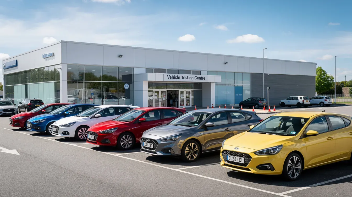 A row of various colored cars is parked outside a vehicle testing center under a bright blue sky, where drivers may bring their vehicles for an MOT test or car service. The scene highlights the importance of regular maintenance and safety checks to ensure each car meets environmental standards and remains road legal.
