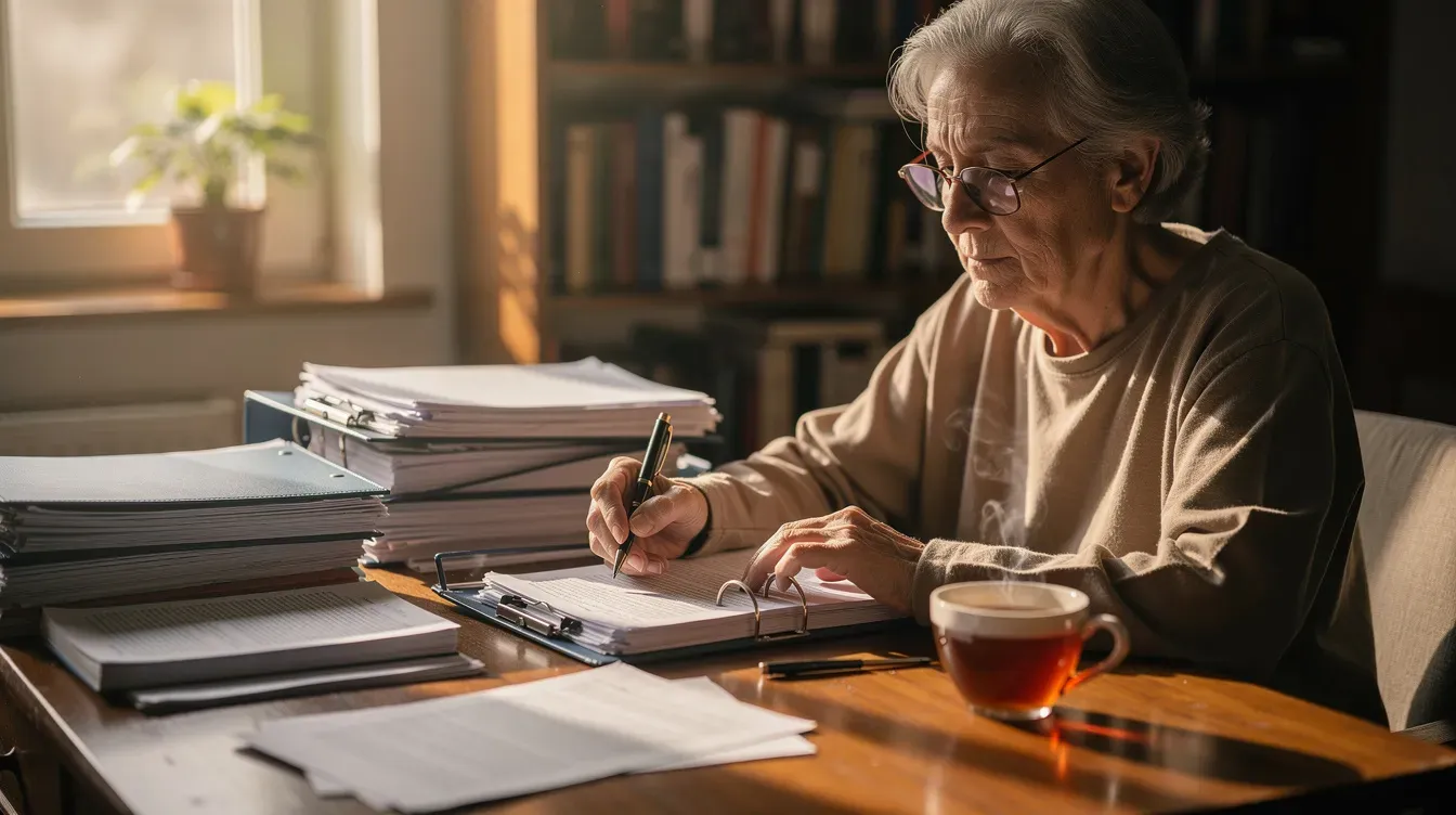 An elderly person is sitting at a desk covered with paperwork and a cup of tea, appearing focused as they review their council tax bill and consider potential council tax reduction options. The warm lighting creates a cozy atmosphere, highlighting the importance of managing household income and benefits at this stage of life.