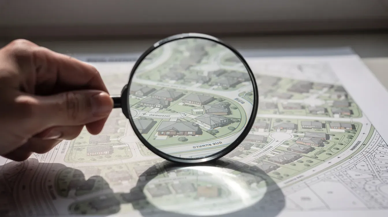 A close-up view of a magnifying glass positioned over a detailed residential neighborhood map, highlighting various properties and streets. This image symbolizes the importance of understanding local council regulations, such as council tax bands and potential reductions for eligible residents.