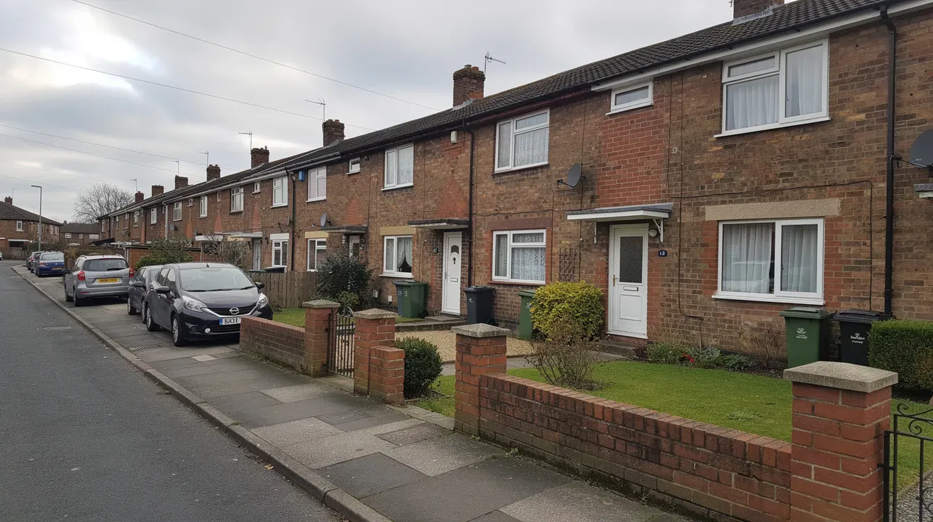 The image depicts a row of brick terraced houses, each featuring small front gardens, characteristic of UK council estates. These homes are part of the local housing landscape, where residents may seek assistance with housing costs through benefits like universal credit or housing benefit.