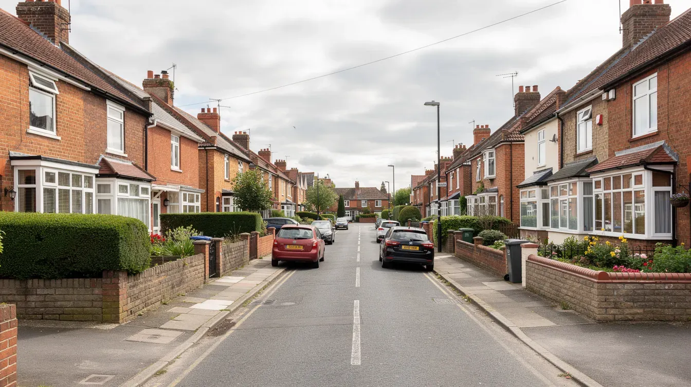 The image depicts a picturesque residential street in a UK neighbourhood featuring semi-detached homes surrounded by lush green hedges. This scene reflects typical housing costs and the community atmosphere where families may benefit from local housing allowance or apply for universal credit to help cover their rent.