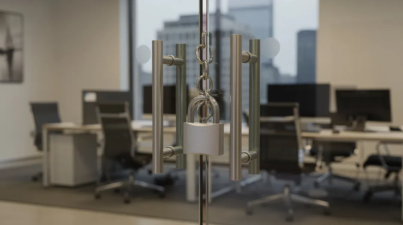 The image features a padlock on a glass office door, symbolizing a dormant company that is currently secured and not engaged in any business activity. This visual representation highlights the importance of filing dormant accounts and maintaining compliance with Companies House regulations for businesses that are inactive.