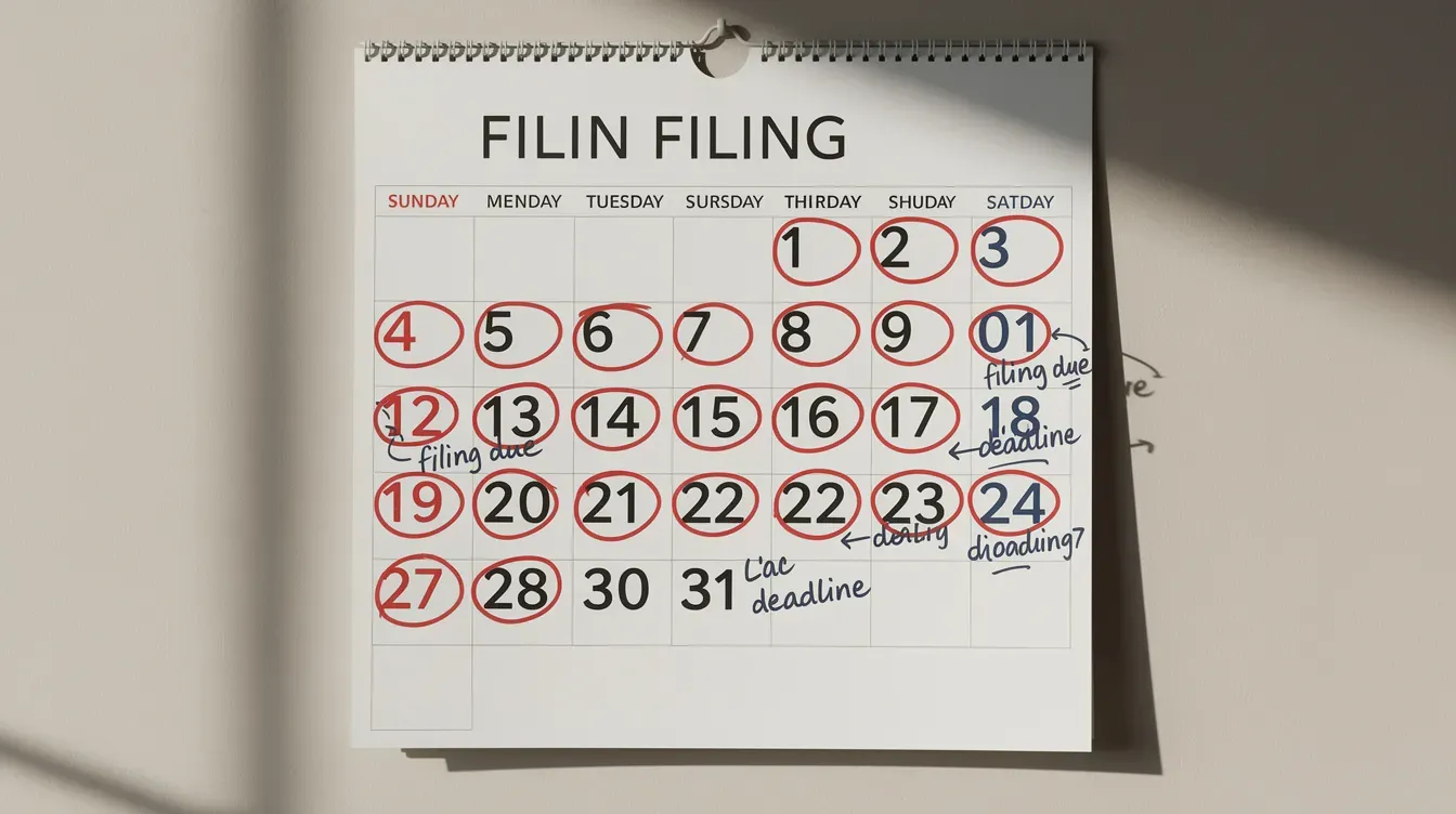 The image shows a wall calendar with several dates circled in red, indicating important filing deadlines for a limited company, including the submission of annual accounts and corporation tax returns to Companies House. These dates emphasize the significance of timely filings to maintain a company's dormant status and avoid late filing penalties.