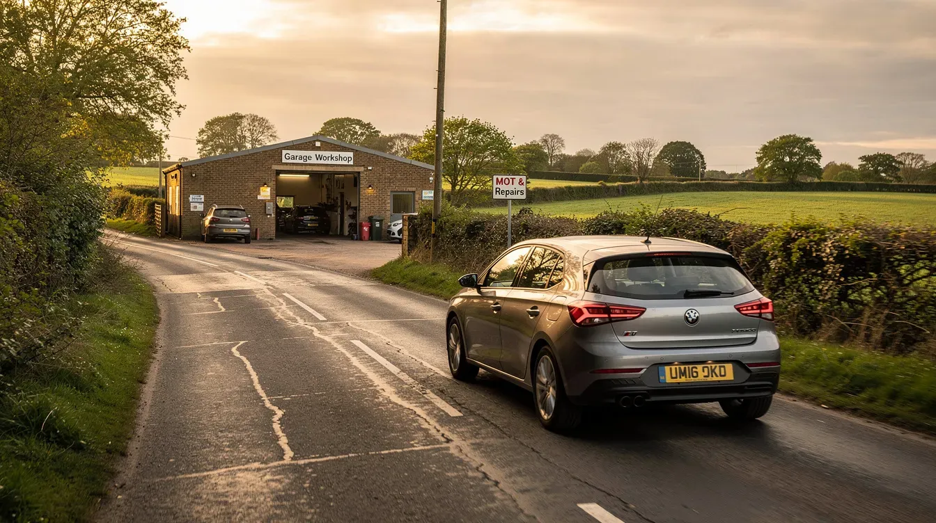 A car is driving along a quiet UK road towards a garage workshop, emphasizing the importance of having a valid MOT certificate and the need for a pre-booked MOT test to ensure road safety and compliance with legal requirements.