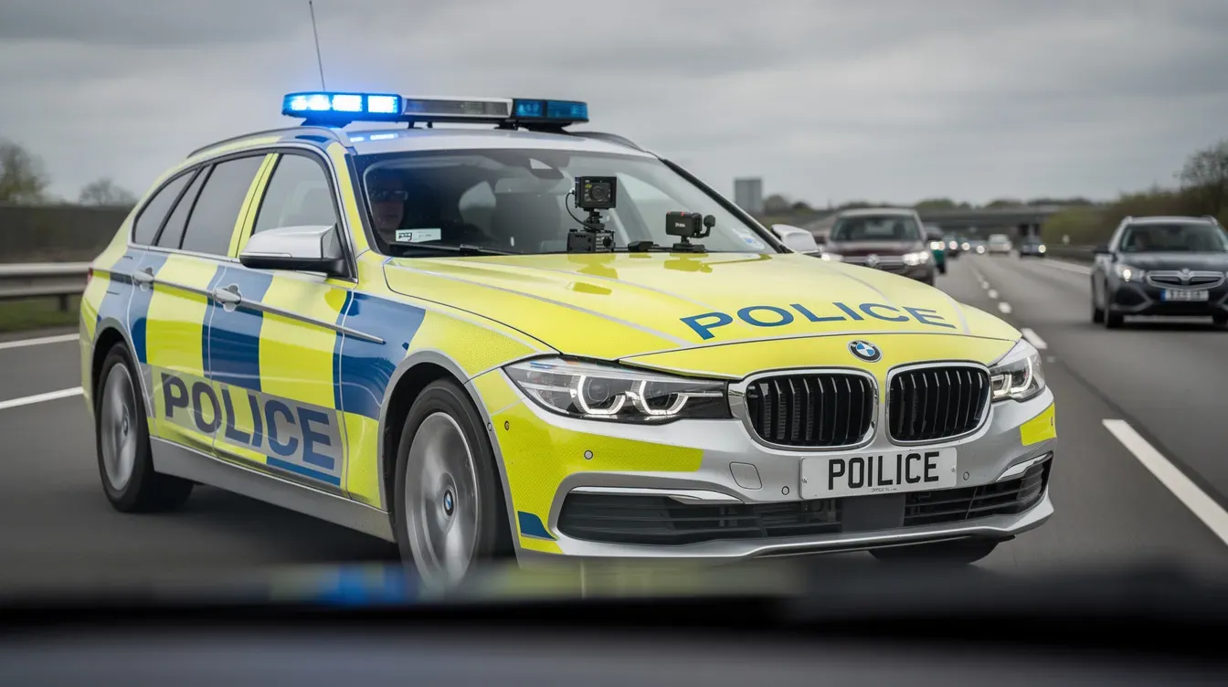 The image shows a close-up view of a UK police car equipped with a dashboard camera, driving on a motorway. The vehicle is likely monitoring traffic for compliance with road safety regulations, including checking for valid MOT certificates and ensuring that cars are not driven without an MOT.