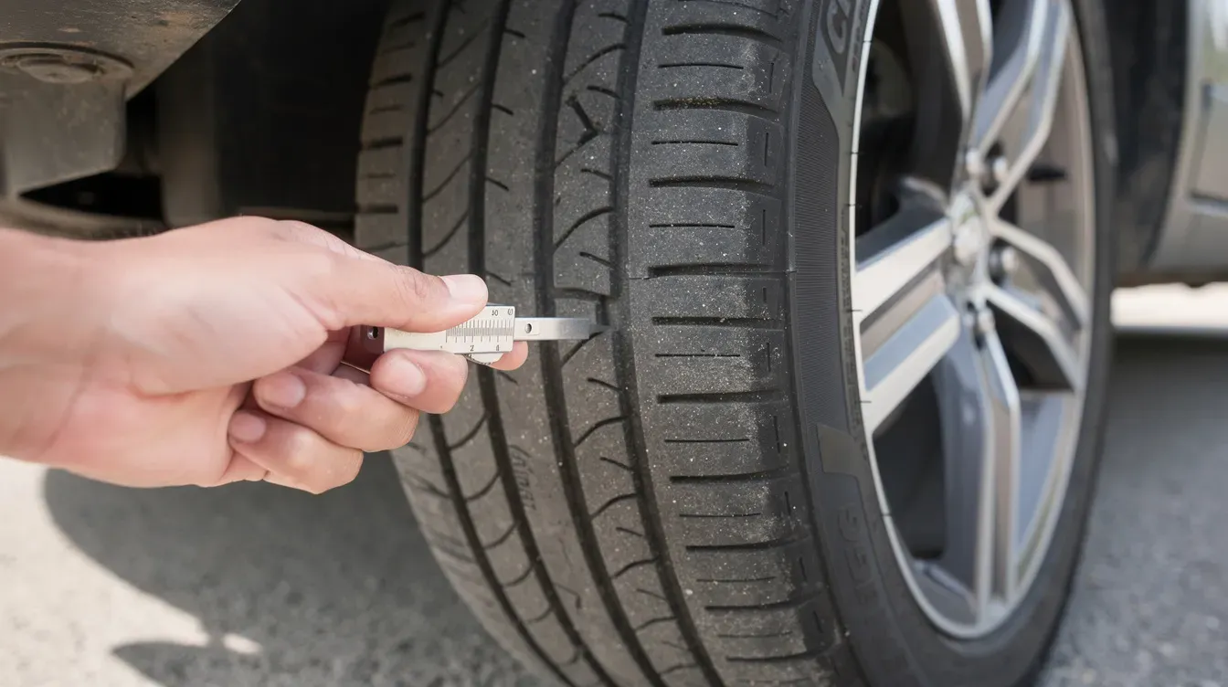 An individual is using a gauge to measure the tread depth on a car tyre, ensuring it is safe for driving. Proper tyre tread depth is crucial for road safety and helps avoid driving a car without a valid MOT certificate.