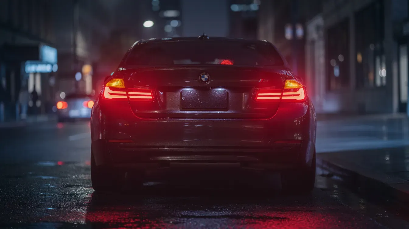 The image shows the rear view of a car at night, with all tail lights, brake lights, and indicators illuminated, ensuring visibility and safety on the road. This scene highlights the importance of proper vehicle maintenance and functioning lights, which are essential for passing an MOT test and meeting road safety standards.