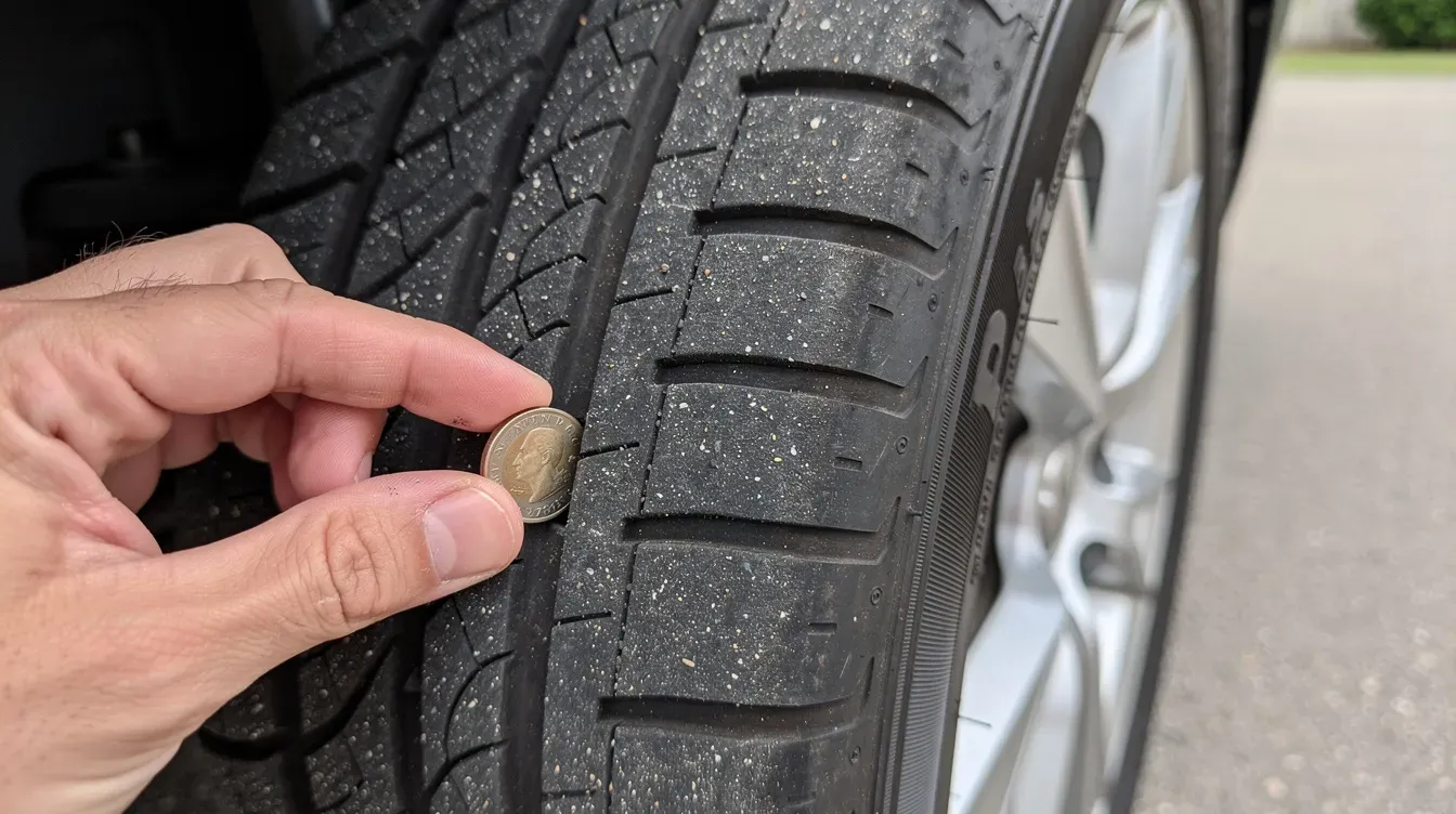 A close-up image shows a person inspecting the tread depth of a car tyre using a coin, an important step in the pre-MOT checklist to ensure the vehicle meets road safety standards. The focus on the coin highlights the method for checking tyre tread, which is crucial for passing the MOT test.