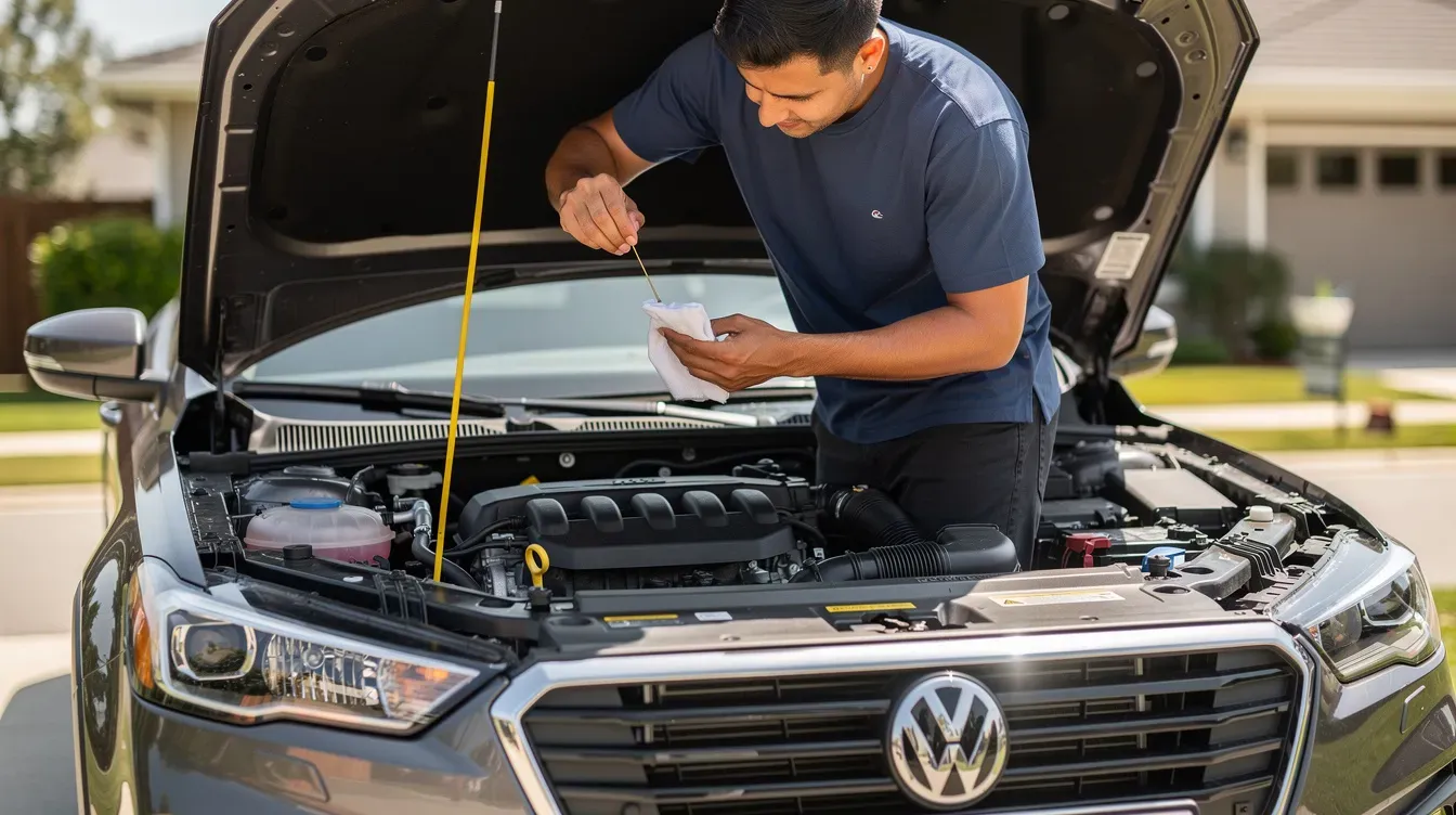 A person is standing next to a car with its bonnet open, checking the engine oil dipstick to ensure proper car maintenance. This action is part of a pre MOT check to verify that the vehicle meets road safety standards.