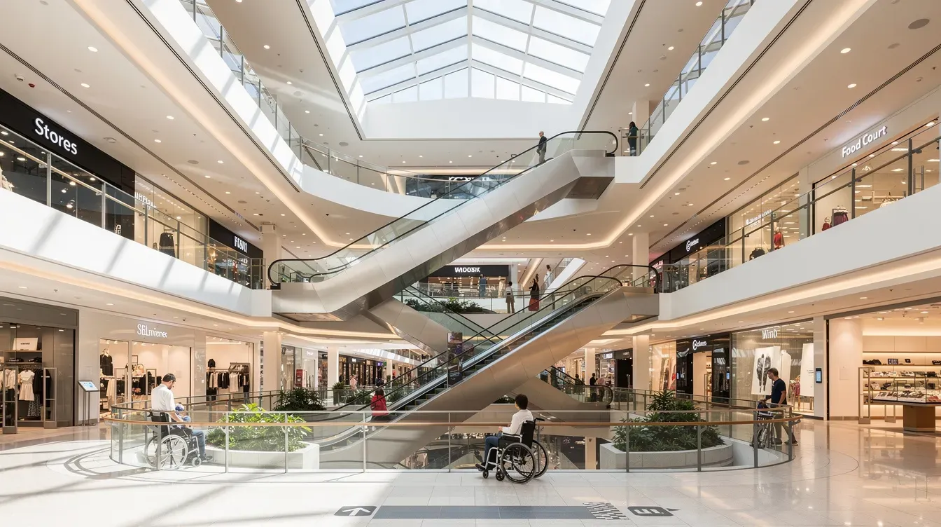 The image depicts the interior of a modern shopping mall featuring wide, accessible corridors and escalators, creating a spacious and inviting atmosphere for visitors. This vibrant setting is likely to include various shops and services, enhancing the shopping experience in the heart of Edinburgh city centre.