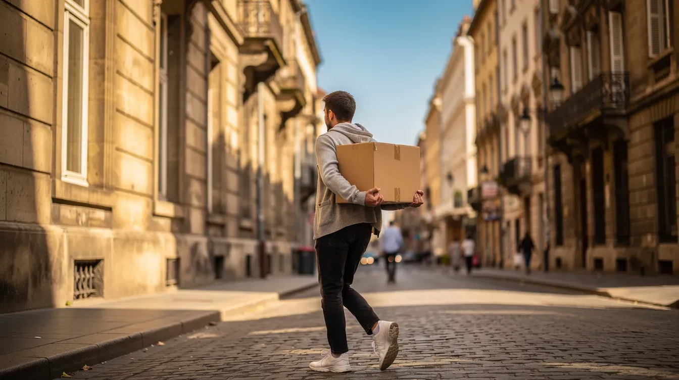 A person is walking along a sunny street in Edinburgh city centre, carrying a parcel, with historic stone buildings lining the path. The scene captures the vibrant atmosphere of the city, possibly near post office branches or Waverley Mall.