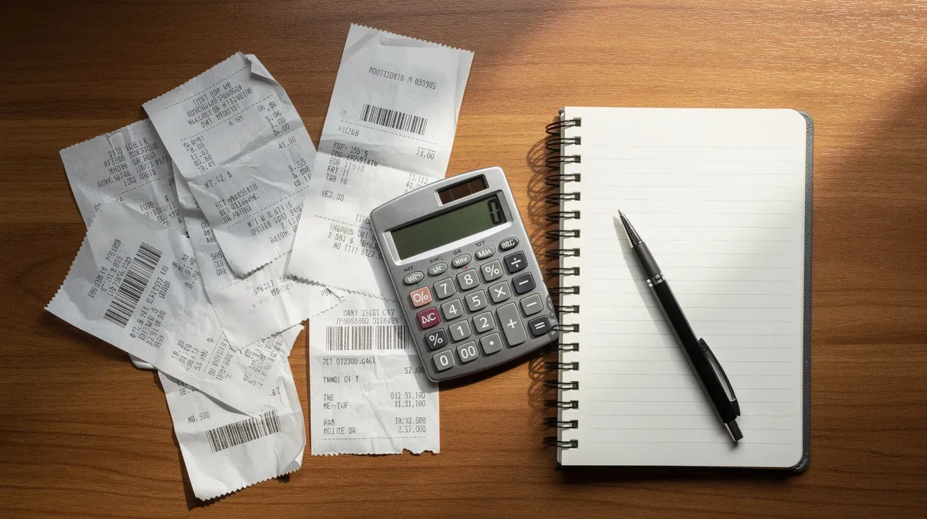 A flat-lay photograph displays various receipts, a calculator, a notebook, and a pen neatly arranged on a wooden desk, suggesting an organized setup for self-employed individuals managing their business expenses and preparing for income tax purposes. The items reflect the essential tools for self-assessment and keeping track of financial records for self-employed workers.
