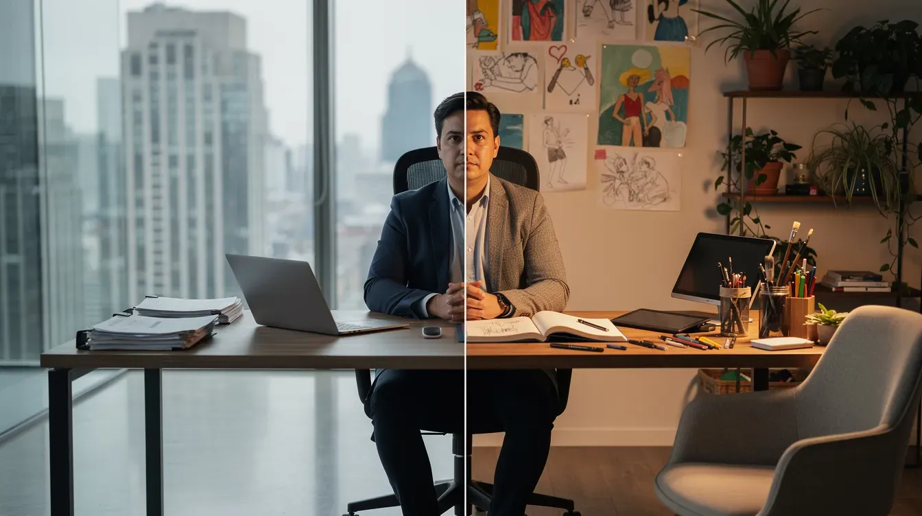 The image depicts a person sitting at a desk that is divided into two distinct workspaces: one half represents a corporate office environment, while the other showcases a creative home workspace, illustrating the dual nature of self-employment where one can manage business tasks and creative projects simultaneously. This setup highlights the flexibility of being one’s own boss and the importance of maintaining business records for tax purposes.