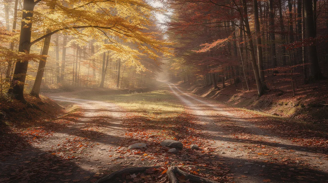 The image depicts two diverging forest paths blanketed in autumn leaves, symbolizing a choice between different directions. This visual metaphor can relate to decisions in business, such as selecting a company structure, whether to register a limited company with Companies House or operate as a sole trader.