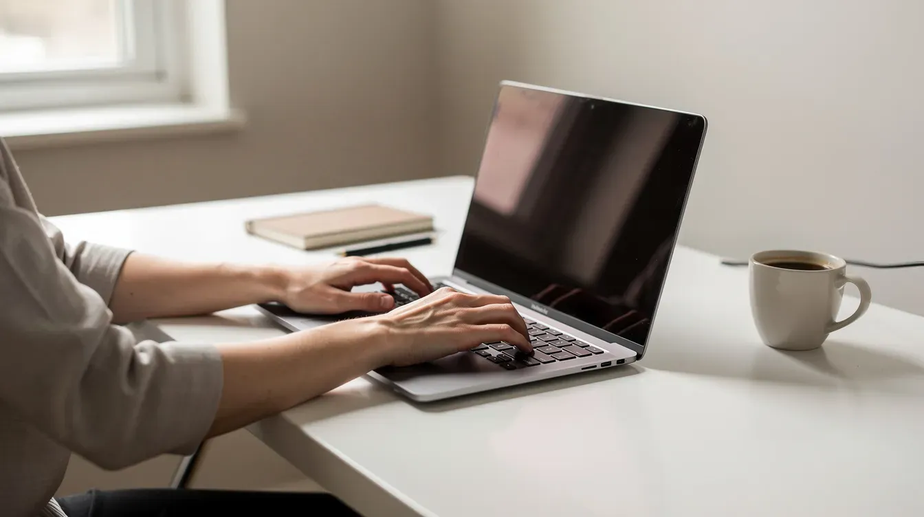 A person is typing on a laptop at a clean, modern desk, with a coffee cup placed nearby, suggesting a productive work environment. This scene may represent someone engaged in the company formation process, possibly preparing to register their company or manage business accounts.
