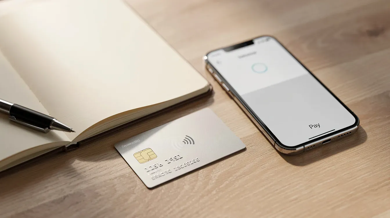 The image shows a payment card and a smartphone resting on a wooden desk, accompanied by a notebook, suggesting a setting for business transactions or financial management. This scene could represent activities related to managing a business bank account or handling company finances, relevant for those involved in the company formation process or operating a limited company.