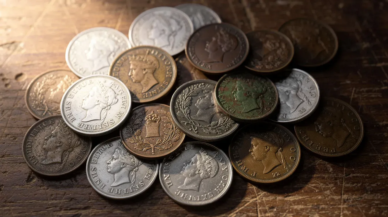 An assortment of old British coins, including shillings and pennies, is carefully arranged on a wooden surface, showcasing their intricate designs and historical significance. These coins reflect the value of currency from a bygone era, a reminder of the financial support systems like family allowance and child benefit that have evolved over time.