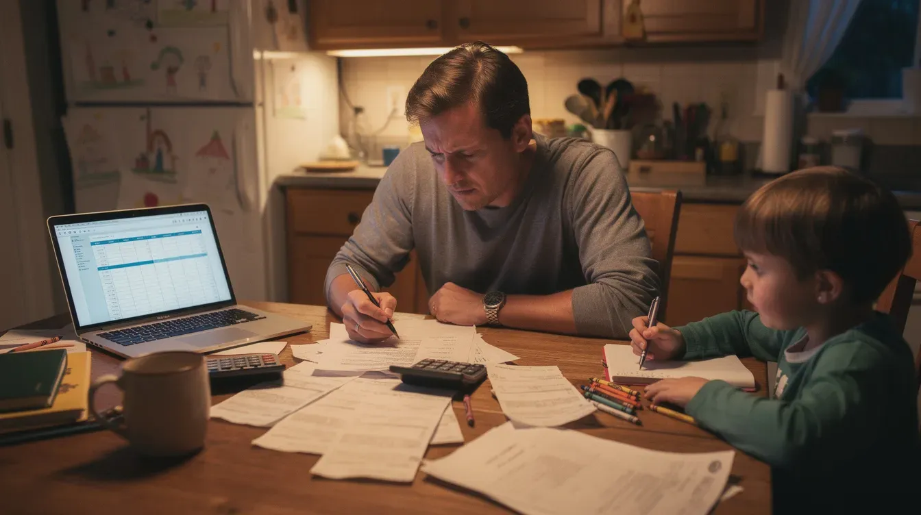 A parent is seated at a kitchen table, carefully reviewing financial documents while a child is playing nearby. This scene reflects the importance of understanding household income and financial support options, such as family allowances and child benefit payments, to manage family expenses effectively.