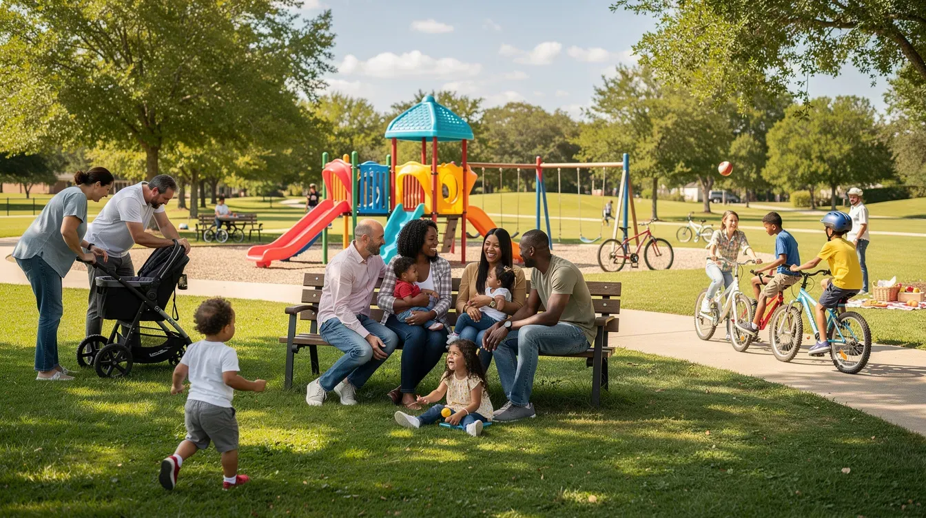 A diverse group of families with children of various ages enjoys a sunny day at a community park, engaging in activities like playing and picnicking. This scene reflects the importance of family support and community, highlighting the benefits of programs like family allowance and child benefit that help alleviate child poverty.