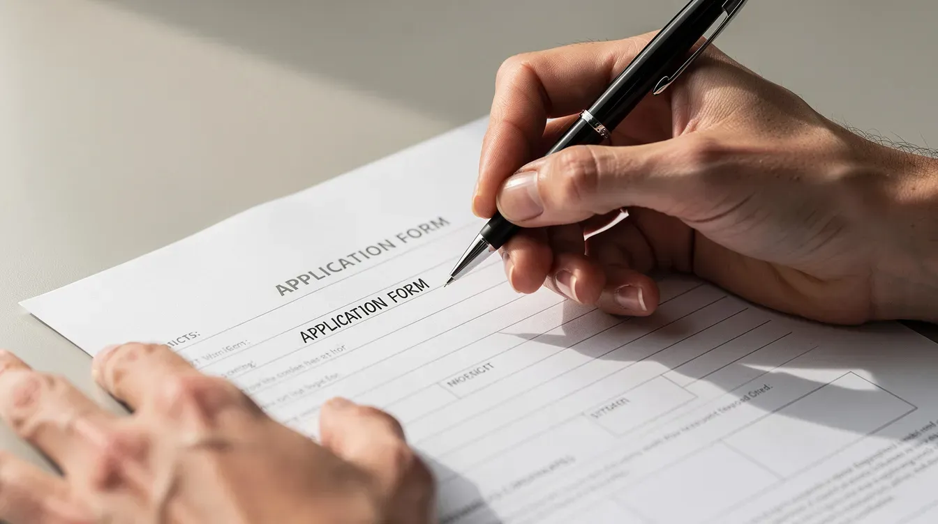 A close-up image shows hands carefully writing in capital letters on a paper application form with a black ballpoint pen, possibly for a UK passport application. The focus on the neat handwriting emphasizes the importance of accuracy in filling out contact details and other required information.