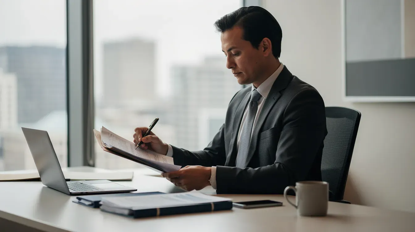 A professional person in business attire is seated at an office desk, intently reviewing documents related to passport applications. The setting suggests a focus on providing guidance for individuals dealing with issues such as lost or stolen passports and the necessary forms required by the HM Passport Office.
