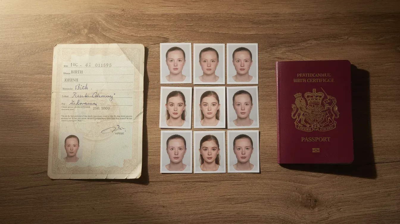The image features a tidy display of two identical colour passport photographs, a birth certificate, and a British passport, all arranged on a wooden table, highlighting essential documents for a passport application. This setup may be useful for individuals preparing their application forms or seeking guidance on obtaining a valid passport from the HM Passport Office.