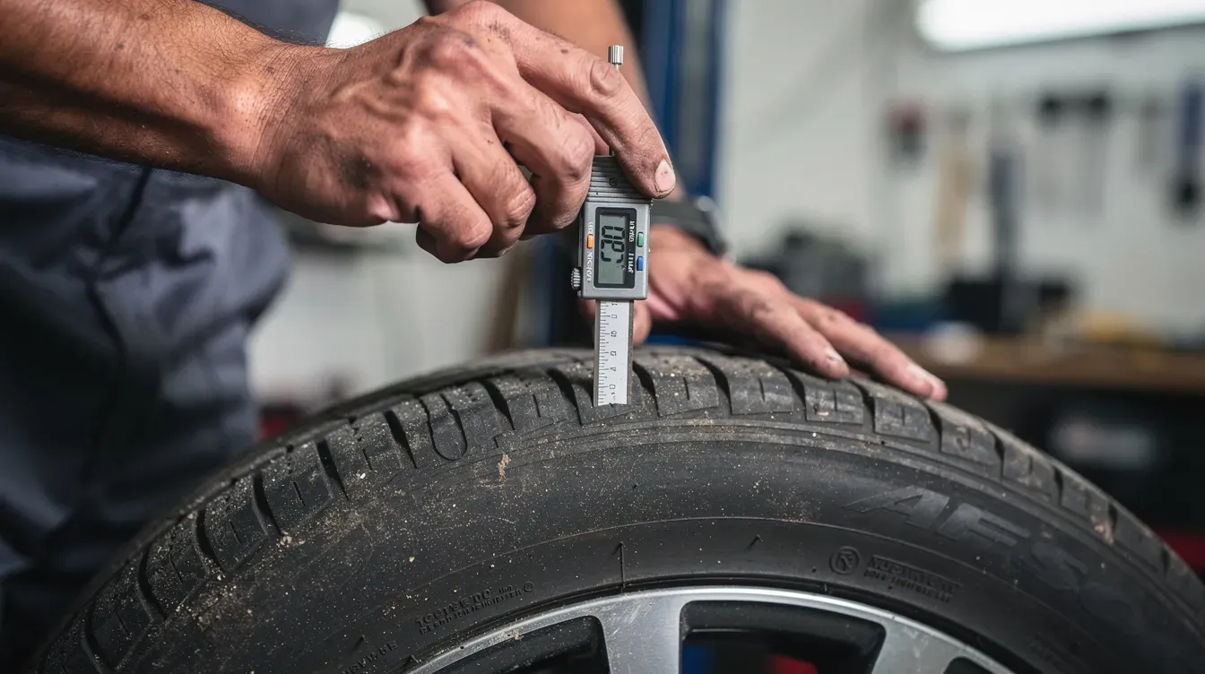 A mechanic is closely inspecting a car's tyre tread depth using a gauge tool, ensuring the vehicle's safety and compliance with road safety regulations. This inspection is crucial for maintaining a valid MOT certificate and preventing any potential MOT failures.