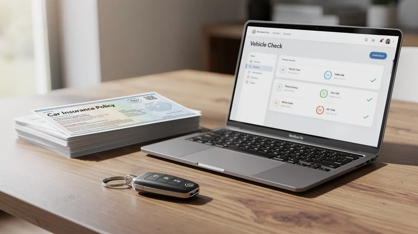 The image shows a car key and insurance documents placed on a table beside a laptop displaying a vehicle check screen, which may include details about the car's MOT status and whether it has a valid MOT certificate. This setup emphasizes the importance of ensuring your vehicle meets legal requirements for road safety, such as having a current MOT certificate.