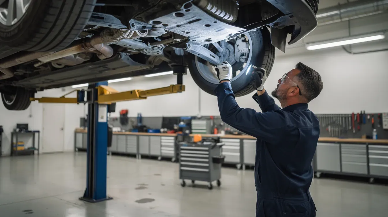 A mechanic is inspecting the underside of a car on a hydraulic lift in a well-lit garage, focusing on the vehicle's components to ensure they meet safety standards for the MOT test. The garage environment is organized, with tools and equipment visible, highlighting the importance of regular maintenance and the vehicle's MOT history.