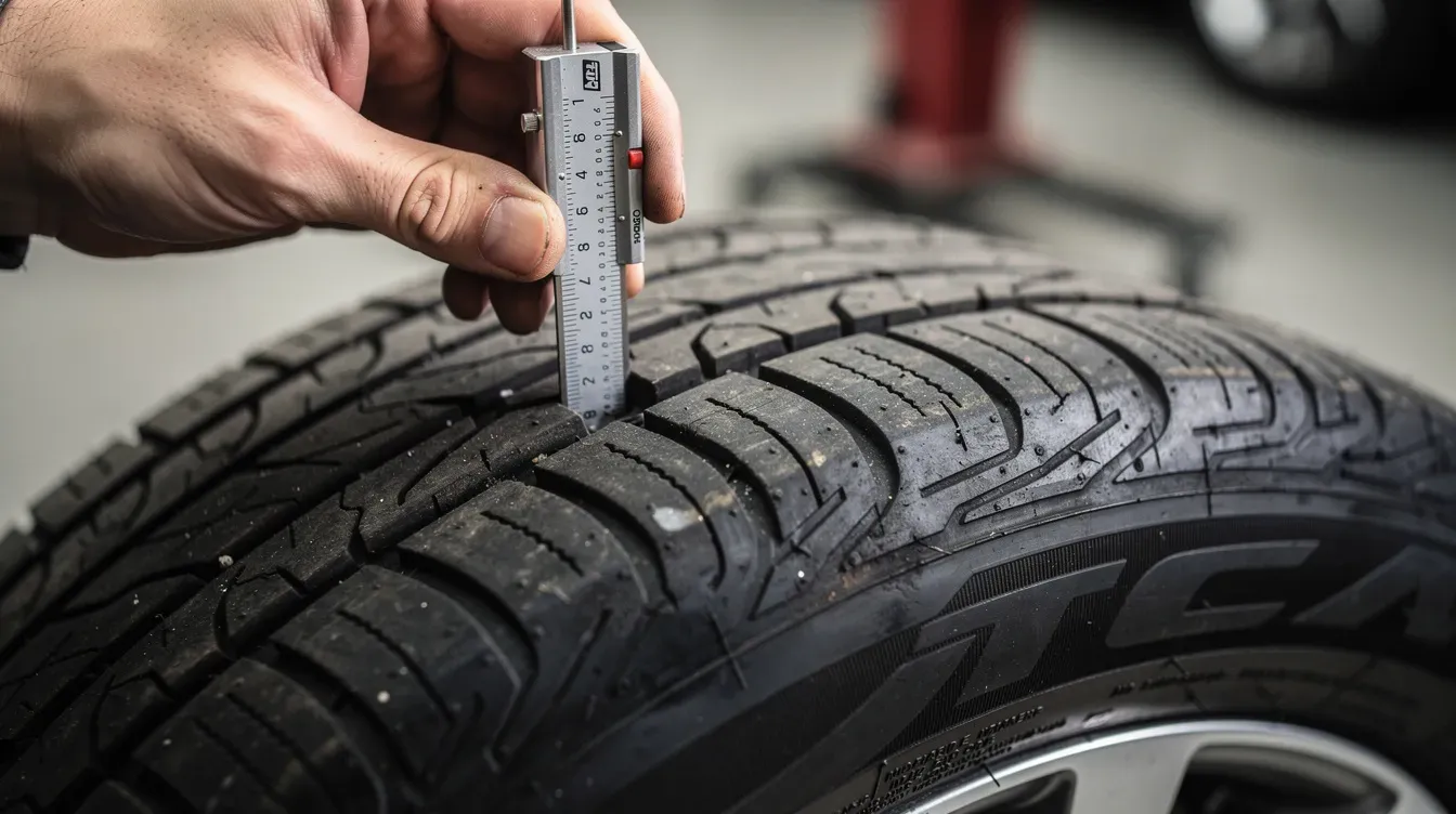 A close-up image shows a car tyre with a tread depth gauge pressed against it, highlighting the importance of checking the legal minimum tread depth for vehicle safety. This inspection is crucial for maintaining a valid MOT certificate and ensuring the vehicle's compliance with safety standards.