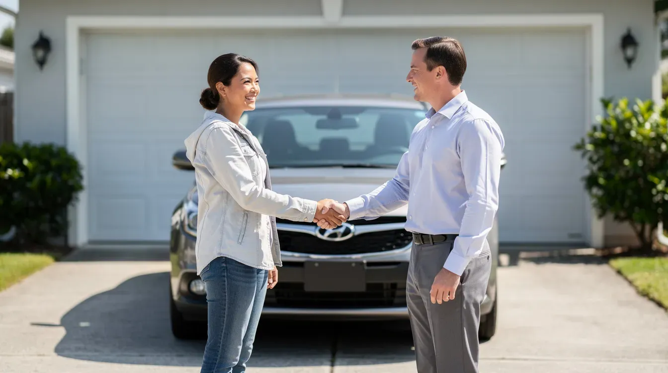 The image shows two people shaking hands in front of a parked car in a driveway, symbolizing a successful transaction, possibly related to a vehicle's MOT status. This could indicate a discussion about the car's MOT history, including its registration number and current MOT expiry date.