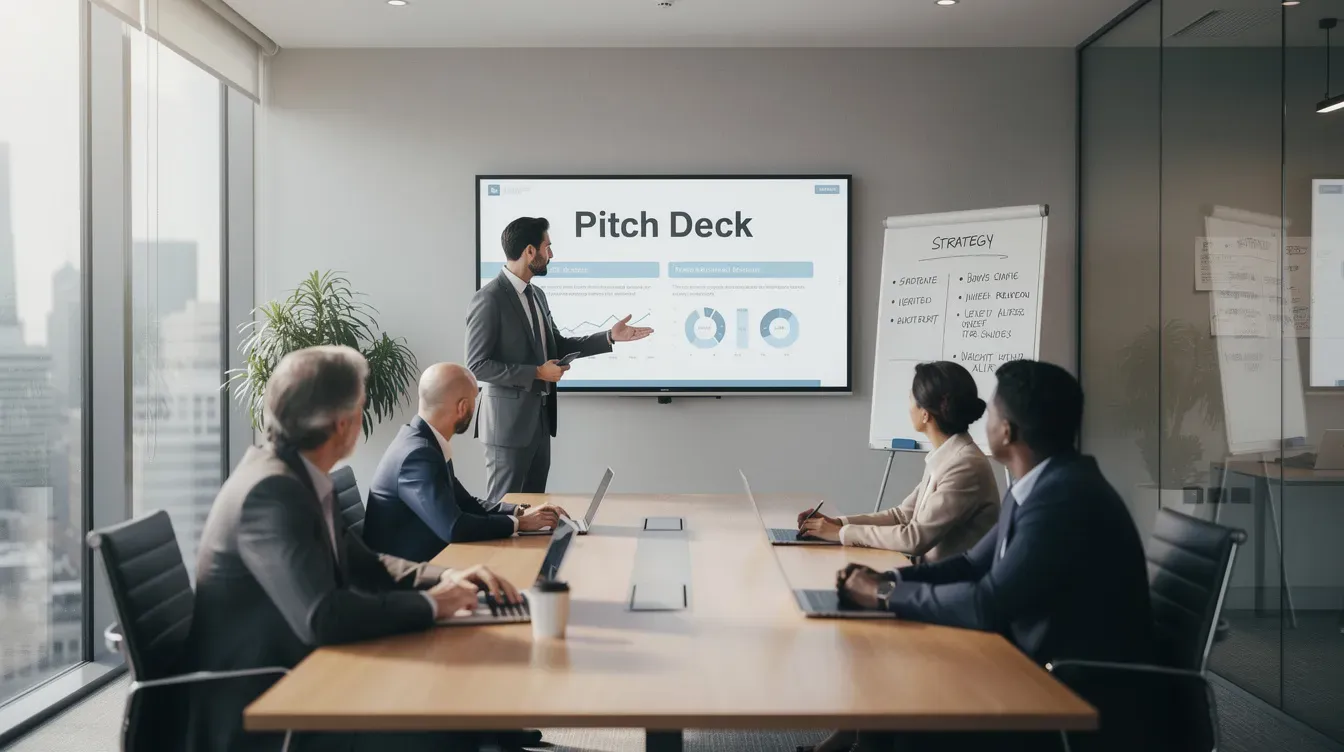 A founder is delivering a pitch to a small group of seated professionals in a modern meeting room, discussing funding options such as venture capital and seed funding for innovative companies and startups. The atmosphere is focused and collaborative, highlighting the importance of financial support in raising money for new businesses.