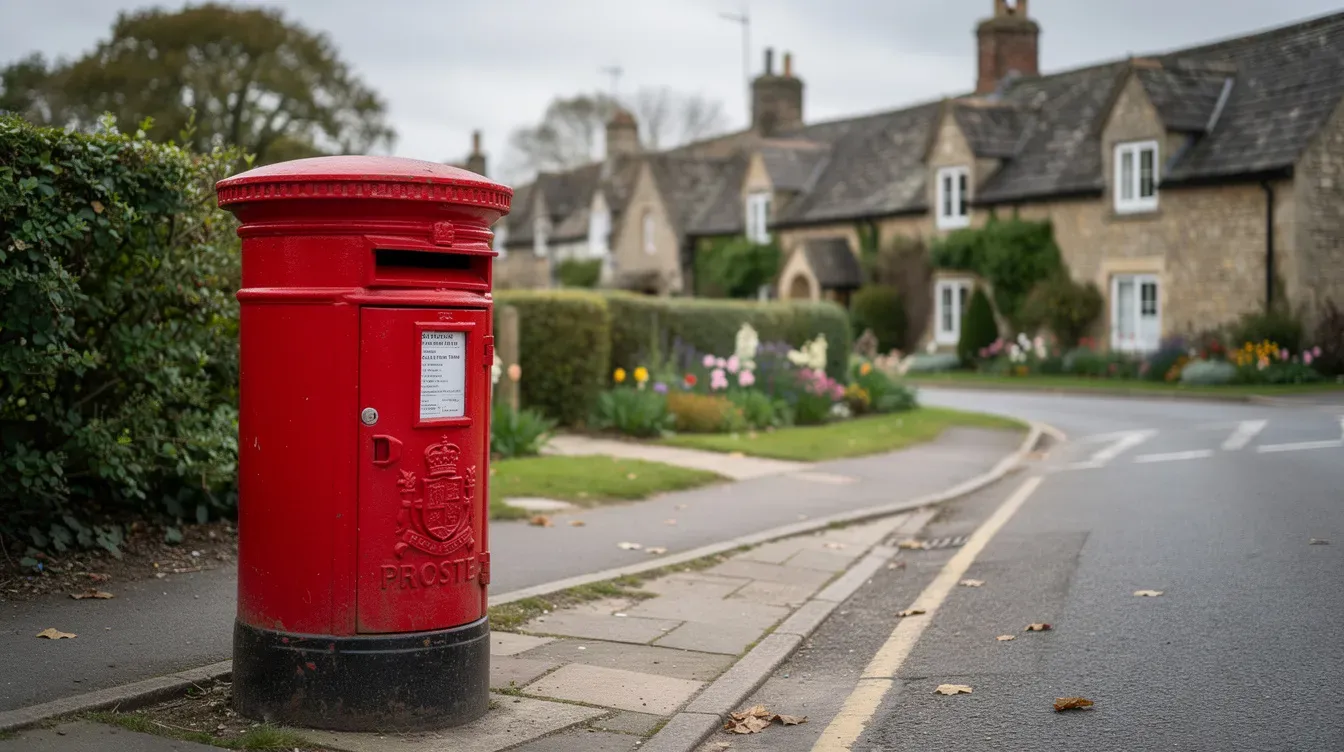 A classic red British pillar box stands prominently on a quiet village street, surrounded by charming stone cottages and lush green hedges. This iconic post office pillar box is a symbol of the postal service in the United Kingdom, representing the reliable delivery of letters and parcels.