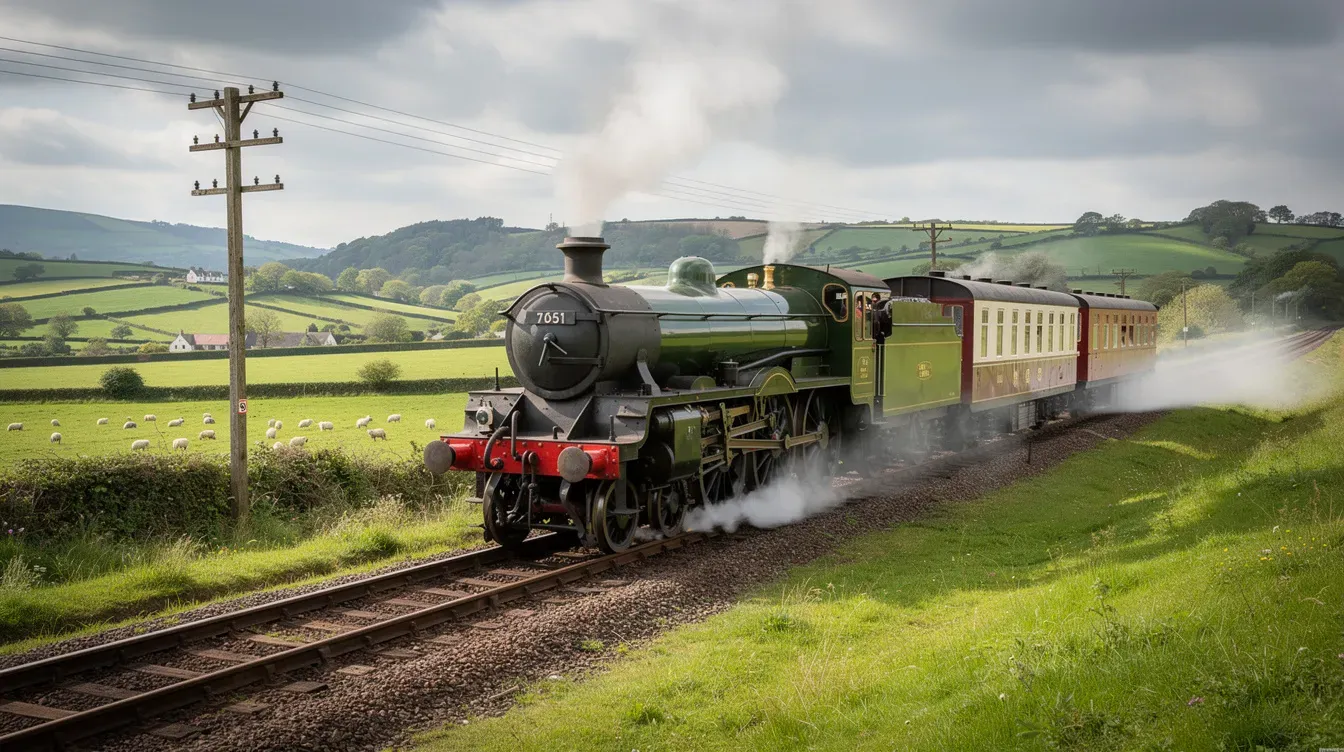 A steam locomotive is pulling mail carriages through the lush green British countryside, with telegraph poles lining the tracks, symbolizing the connection of the postal service in the United Kingdom. This scene captures the essence of the royal mail and its role in delivering letters and parcels across the nation.