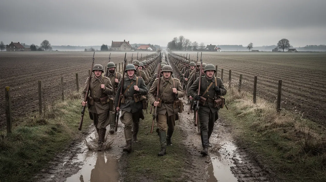 A group of soldiers dressed in early 20th-century military uniforms marches in formation along a muddy road, surrounded by open farmland. Their disciplined stride reflects the military links to the postal service, reminiscent of the historical role of postal workers during the First World War.