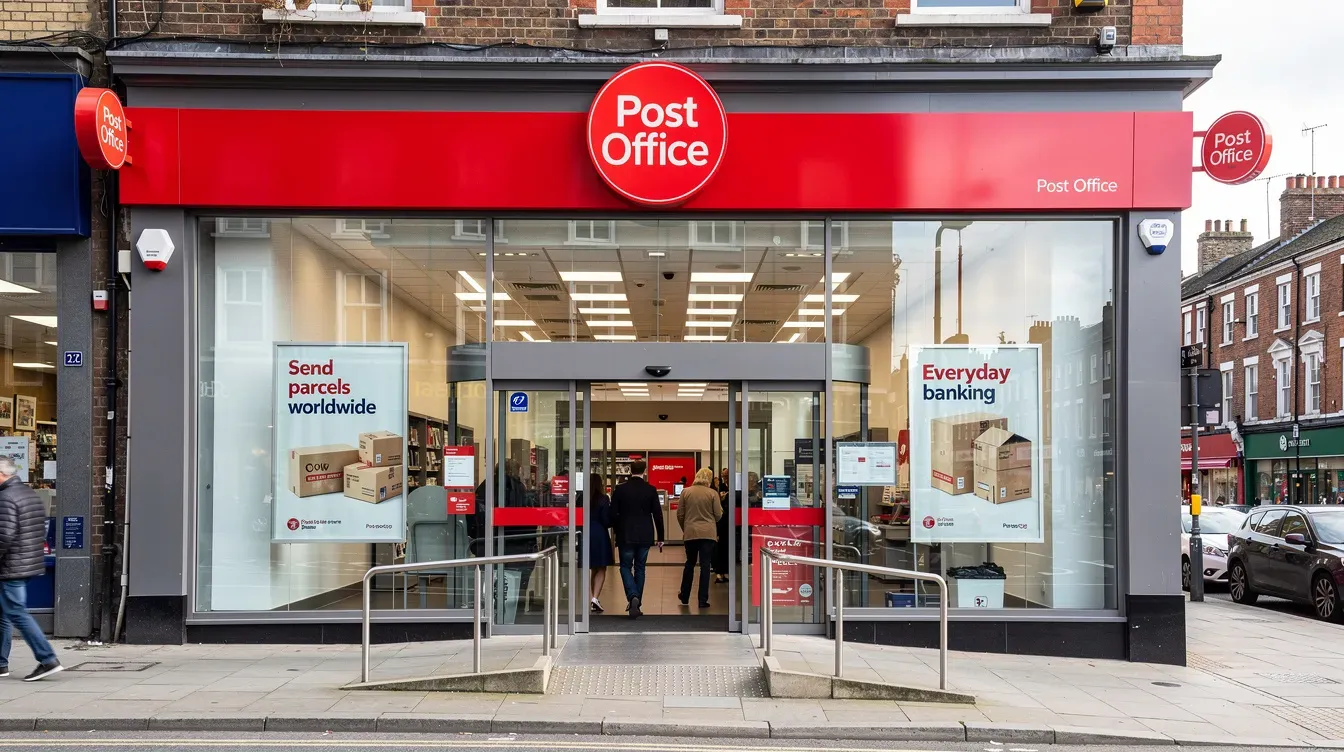 The image shows a modern British Post Office branch storefront on a bustling high street, with several customers entering through the glass doors to utilize postal services, such as sending letters and parcels. The scene reflects the role of the post office as a vital part of the community's postal network in the United Kingdom.