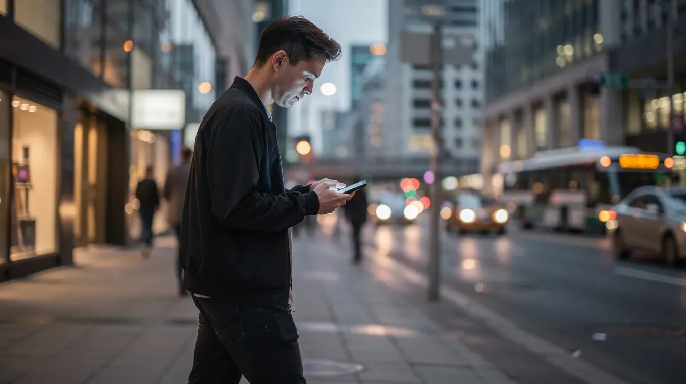 A person is walking through a bustling city street while checking their smartphone, possibly looking for information related to tax rules or managing their personal tax account. The scene captures the blend of urban life with the use of technology for financial tasks, such as accessing the HMRC app or checking income tax rates.