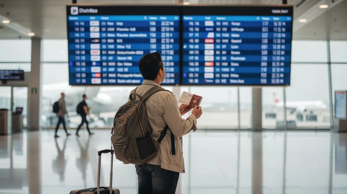 A traveller stands at an airport departure board, intently checking their travel documents, including their UK passport details and other important information needed for their journey. The scene captures the anticipation of travel as they verify their passport number and ensure all necessary documents are in order before departure.