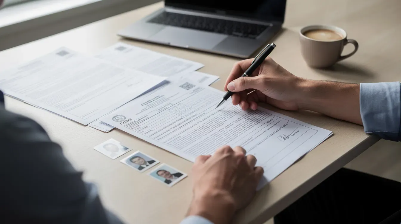 A person is seated at a desk, diligently filling out official paperwork with a pen, while nearby, there are passport photos and documents related to their UK passport application. The scene conveys a sense of organization and focus as they work on providing important passport details.