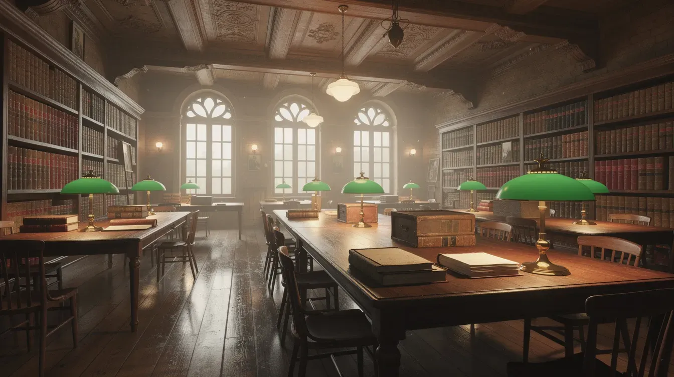 The image depicts the interior of a historical archive reading room, featuring wooden tables surrounded by shelves filled with old bound volumes. This serene space is ideal for researchers seeking to access important documents and records, including those related to passport details and applications.