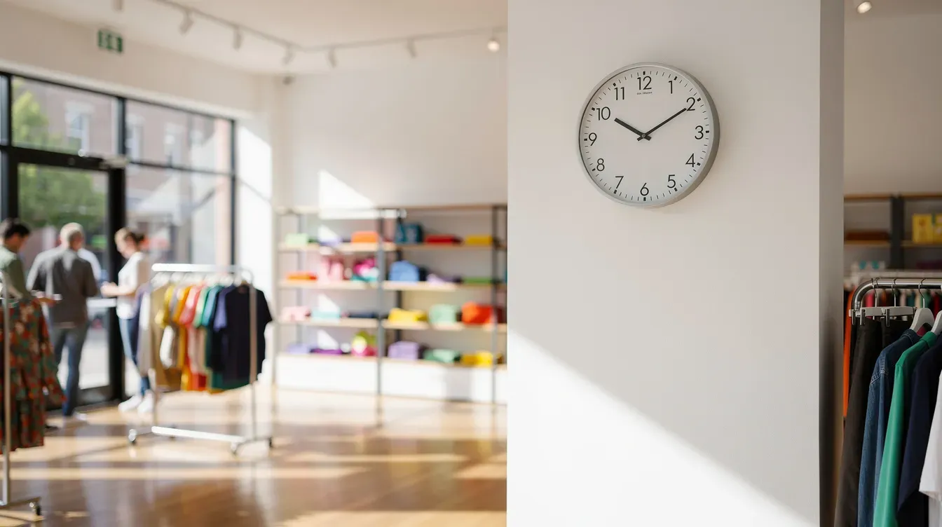 A bright retail shop features a wall clock displaying mid-morning time, indicating 09:00. The lively atmosphere suggests it's a busy day, possibly at the Palmers Green post office, where customers can pay bills and manage everyday personal and business banking.