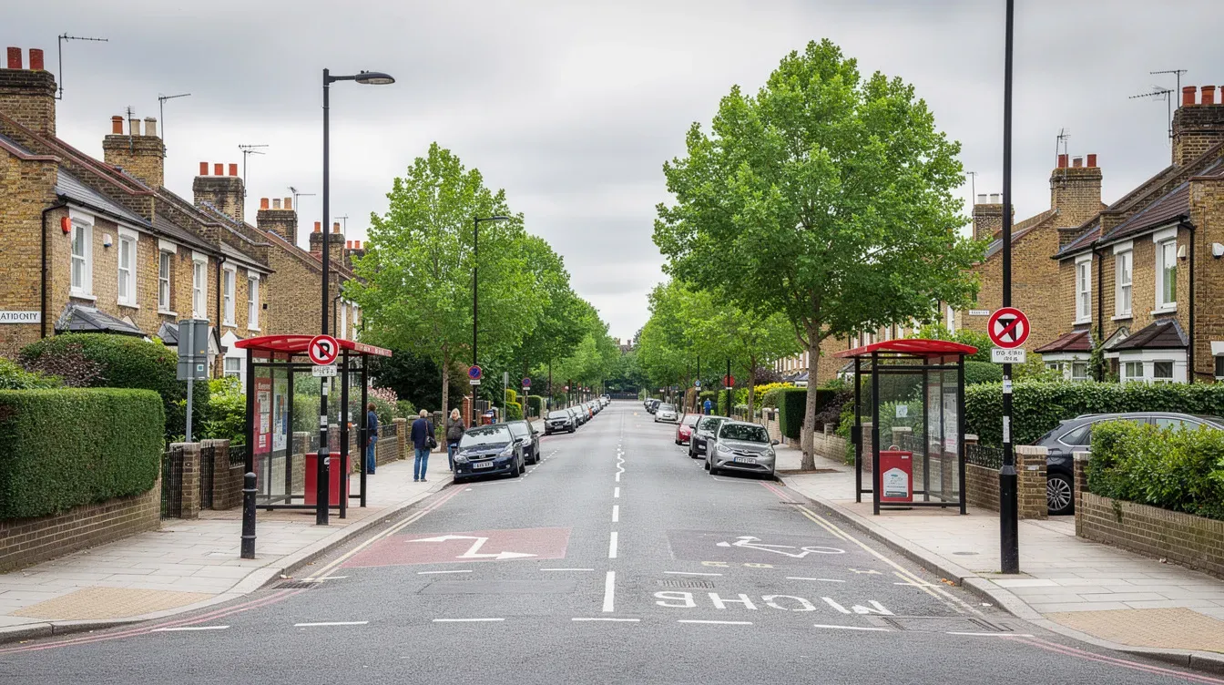 The image depicts a London suburban road lined with residential houses and bus stops, creating a typical neighborhood scene. In the distance, you can spot the Palmers Green post office, which serves as a hub for everyday personal and business banking needs.
