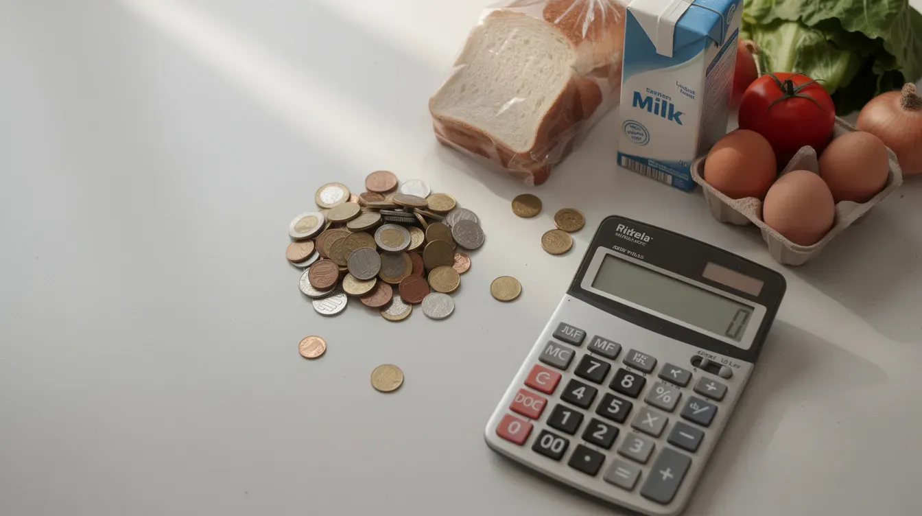 The image depicts a simple arrangement of coins, basic groceries such as canned goods and bread, and a calculator placed on a plain table, illustrating the need for careful budgeting to cover household expenses and living costs during financial hardship. This setup represents the challenges many face when managing their monthly income and applying for financial support like universal credit payments.