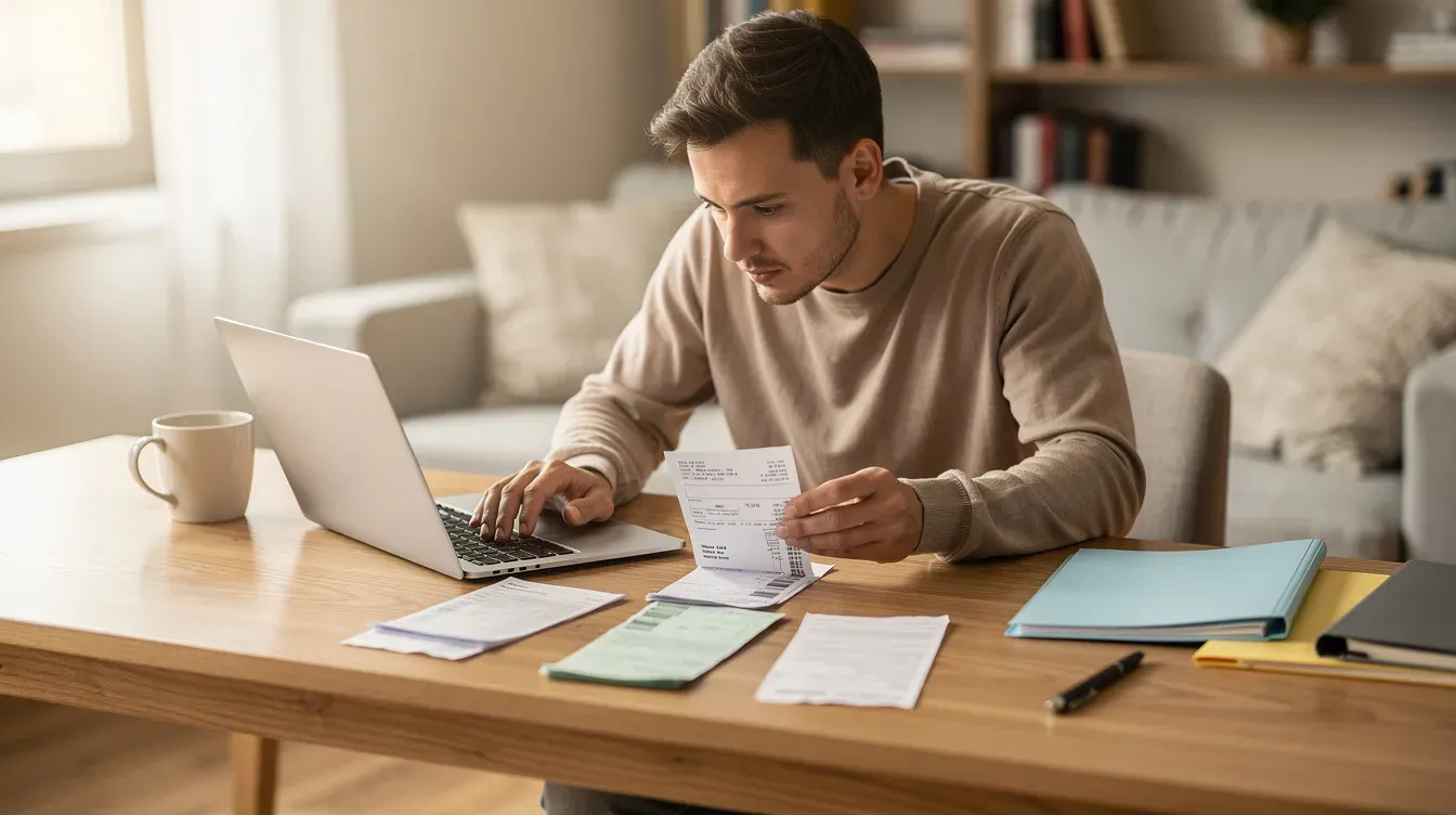 A person is seated at a desk, focused on a laptop while reviewing household bills, likely assessing their monthly income and expenses. The scene suggests they may be managing financial hardship, possibly considering applying for a hardship payment or checking their online account for their next universal credit payment.