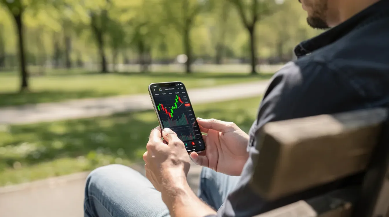 A person is sitting on a park bench, intently using a smartphone displaying financial charts related to tax affairs and revenue. The scene suggests a focus on managing finances, possibly in relation to HM Revenue and Customs or investigating tax avoidance schemes.
