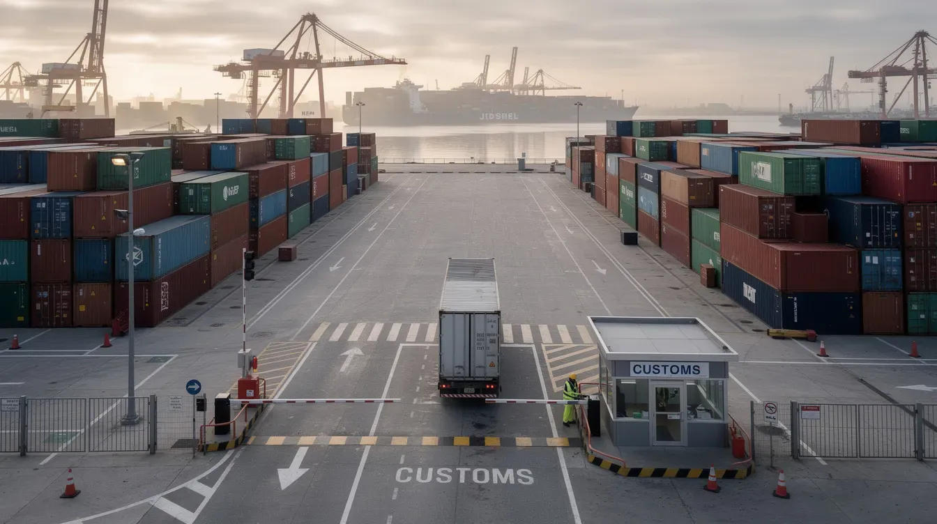 The image depicts a bustling shipping port filled with towering stacks of cargo containers, with a customs checkpoint prominently situated in the foreground. This scene highlights the operations of customs authorities, such as HM Revenue and Customs, as they manage the flow of goods and tackle issues like tax evasion and fraud.