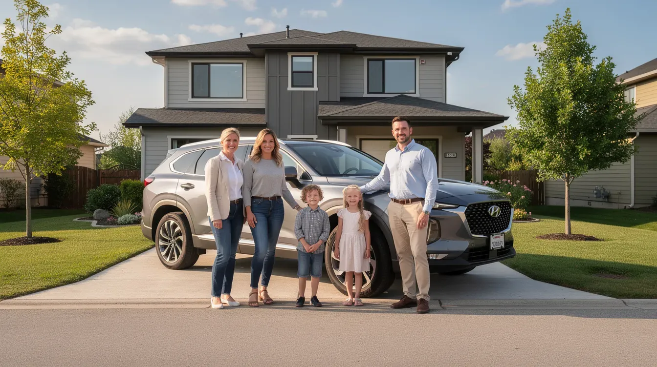 A happy family stands proudly next to their new car parked in a residential driveway, showcasing their recent purchase made possible through a hire purchase agreement. This financial arrangement allows them to make monthly repayments, ultimately leading to full ownership of the vehicle.