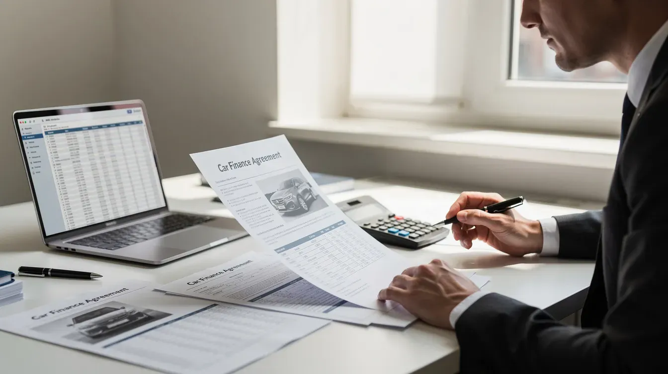A person is seated at a desk, intently reviewing car finance documents, including a hire purchase agreement, on their laptop. The scene suggests a focus on understanding the financial arrangement, such as monthly payments and the total price of the vehicle.