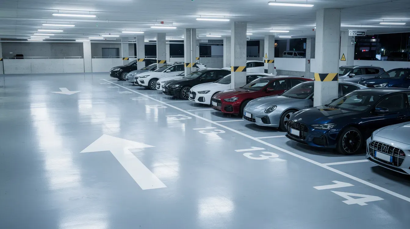 The image shows a well-lit multi-storey car park filled with parked vehicles, featuring clearly marked numbered bays and directional arrows guiding drivers. This car park is conveniently located near the Peterborough city centre, making it a perfect spot for visitors heading to the Queensgate shopping centre or the Peterborough passport office.