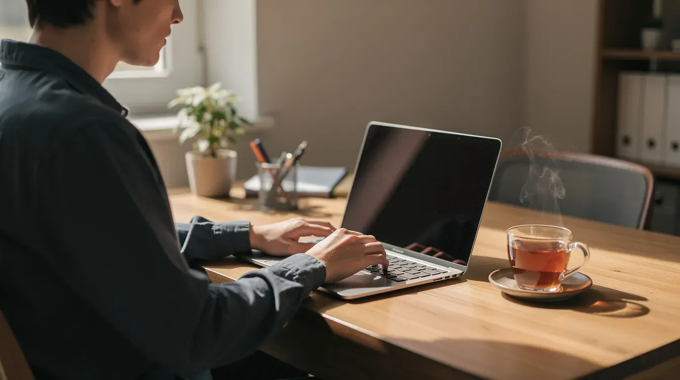 The image shows a person sitting at a desk, focused on their laptop computer, with a warm cup of tea placed beside them. This scene suggests they might be working on their personal tax account or preparing their self assessment tax return, emphasizing a quiet and productive workspace.